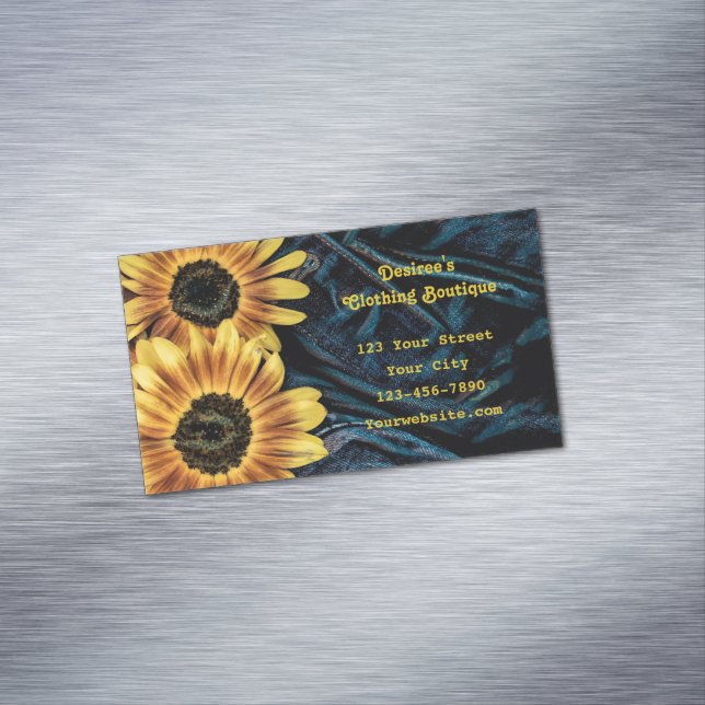 Sunflower Yellow Rustic Denim Blue Jeans Business Card Magnet (In Situ)