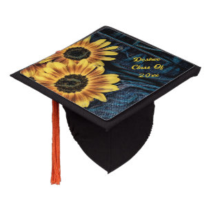 Sunflower Yellow Rustic Denim Blue Jeans Graduation Cap Topper