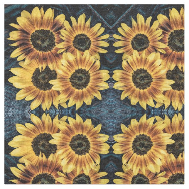 Sunflower Yellow Rustic Denim Blue Jeans Pattern Fabric (Close Up)