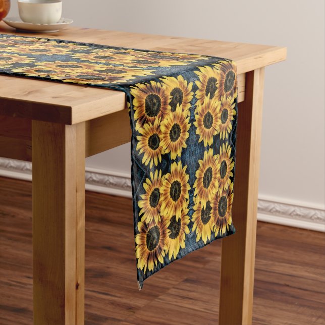 Sunflower Yellow Rustic Denim Blue Jeans Pattern Short Table Runner (In Situ)
