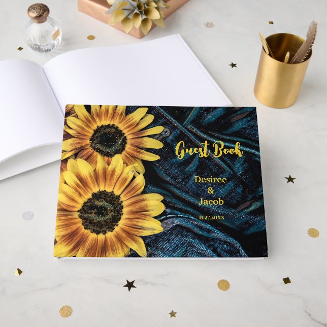 Sunflower Yellow Rustic Denim Blue Jeans Wedding Guest Book (Front Open)