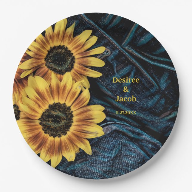 Sunflower Yellow Rustic Denim Blue Jeans Wedding Paper Plates (Front)