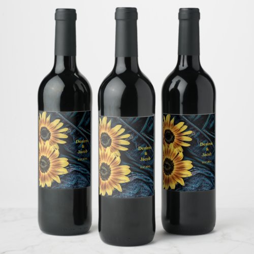 Sunflower Yellow Rustic Denim Blue Jeans Wedding Wine Label