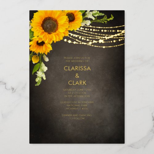 Sunflower Yellow Rustic String Light Wedding Foil Invitation