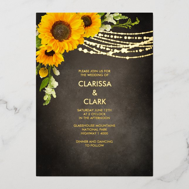 Sunflower Yellow Rustic String Light Wedding Foil Invitation (Front)