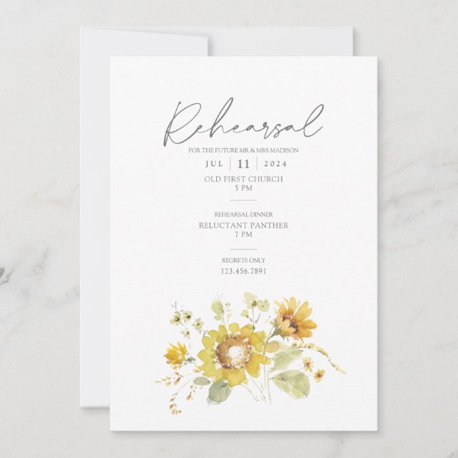 Sunflower Yellow Rustic Wedding Rehearsal Invitation (Front)