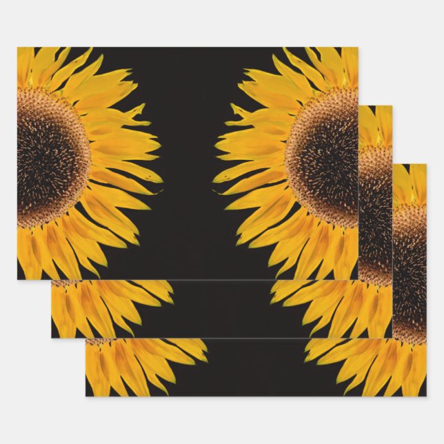 Sunflower Yellow Symmetrical Black Background Wrapping Paper Sheets (Set)