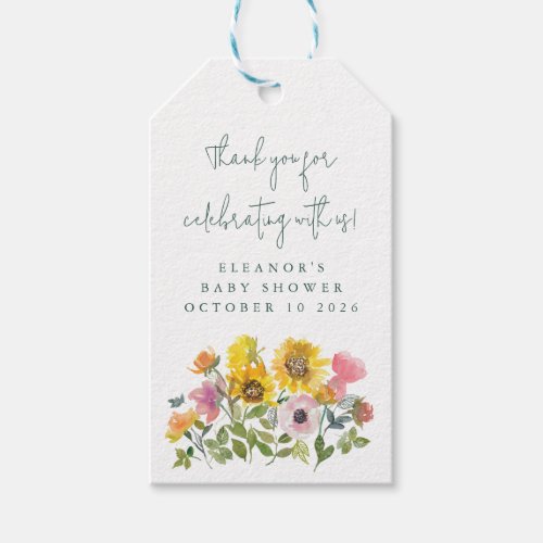 Sunflower Yellow Watercolor Floral Baby Shower  Gift Tags