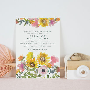 Sunflower Yellow Watercolor Floral Baby Shower Invitation