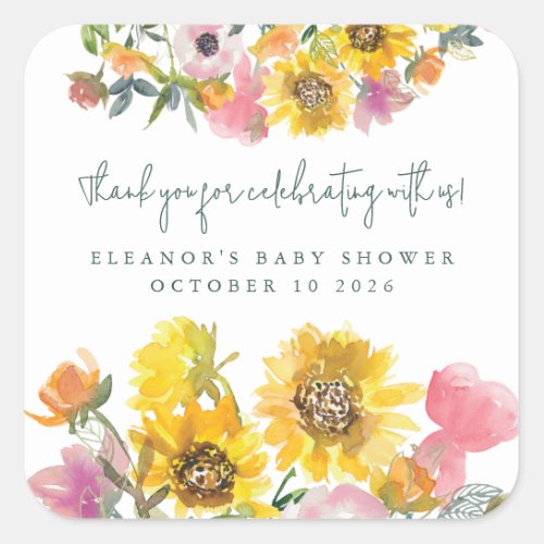 Sunflower Yellow Watercolor Floral Baby Shower  Square Sticker