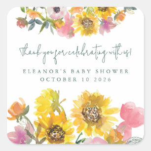 Sunflower Yellow Watercolor Floral Baby Shower Square Sticker