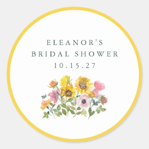 Sunflower Yellow Watercolor Floral Bridal Shower  Classic Round Sticker