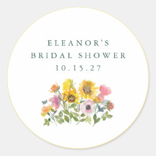 Sunflower Yellow Watercolor Floral Bridal Shower Classic Round Sticker