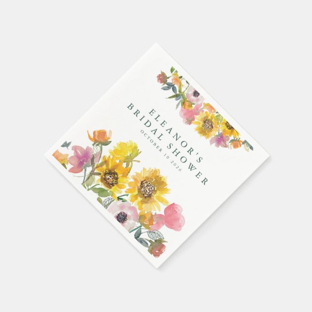 Sunflower Yellow Watercolor Floral Bridal Shower Napkins (Corner)