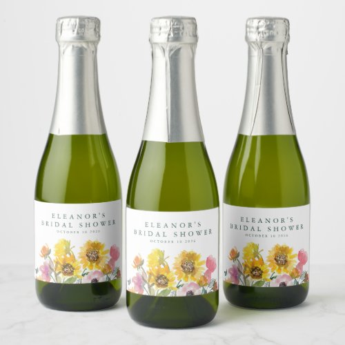 Sunflower Yellow Watercolor Floral Bridal Shower Sparkling Wine Label