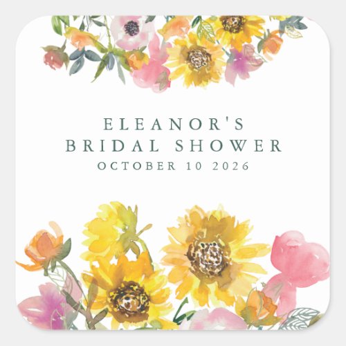 Sunflower Yellow Watercolor Floral Bridal Shower  Square Sticker