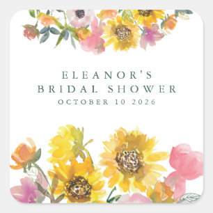 Sunflower Yellow Watercolor Floral Bridal Shower Square Sticker