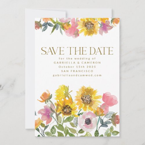 Sunflower Yellow Watercolor Floral Wedding Save The Date