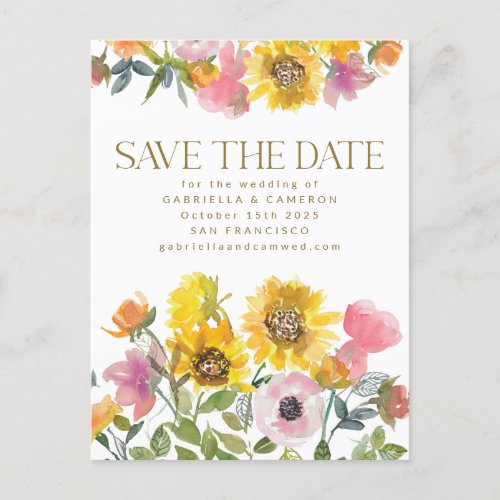 Sunflower Yellow Watercolor Wedding Save The Date Postcard