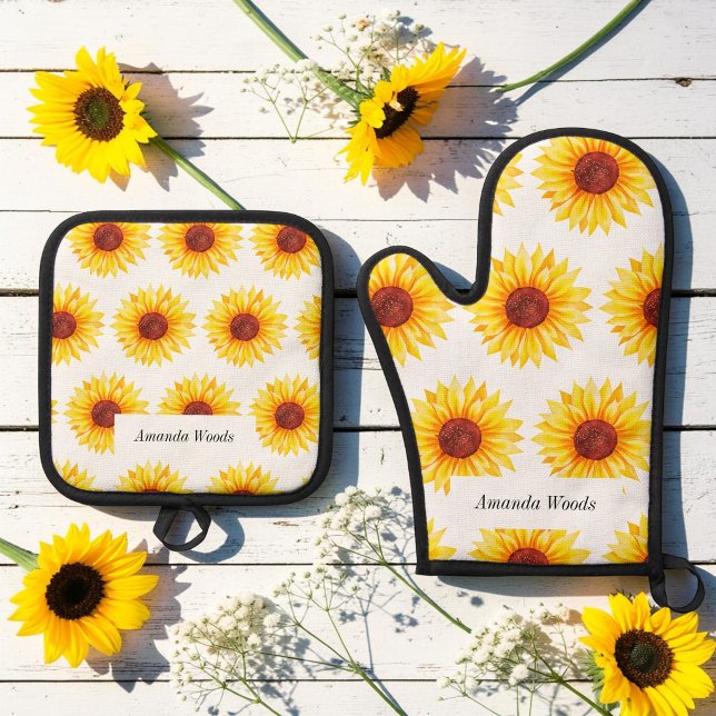 Sunflower Yellow White Chic Oven Mitt & Pot Holder Set (Creator Uploaded)