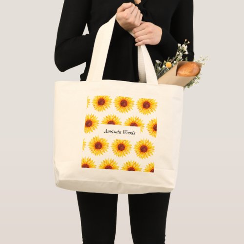 Sunflower Yellow White Floral Large Tote Bag