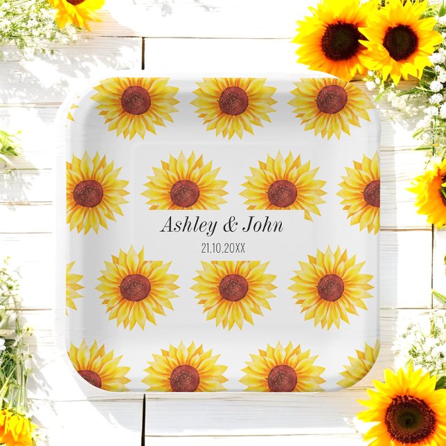 Sunflower Yellow White Floral Pattern Paper Plates (Creator Uploaded)