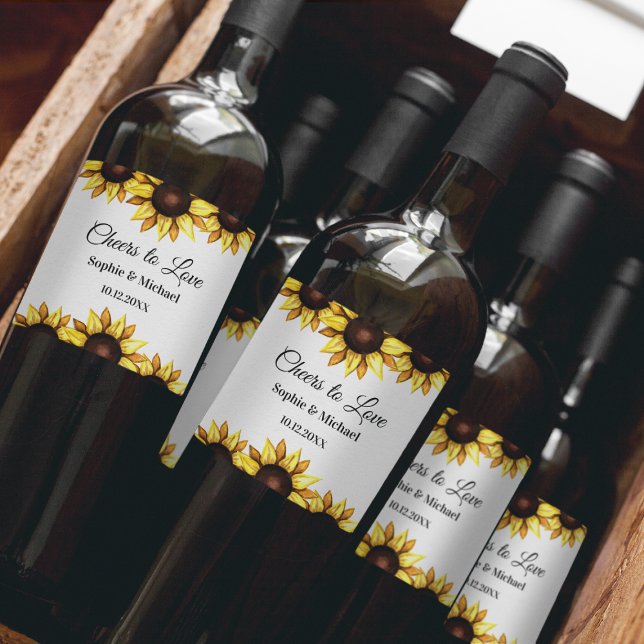 Sunflower Yellow White Wedding Cheers Elegant Wine Label (Creator Uploaded)