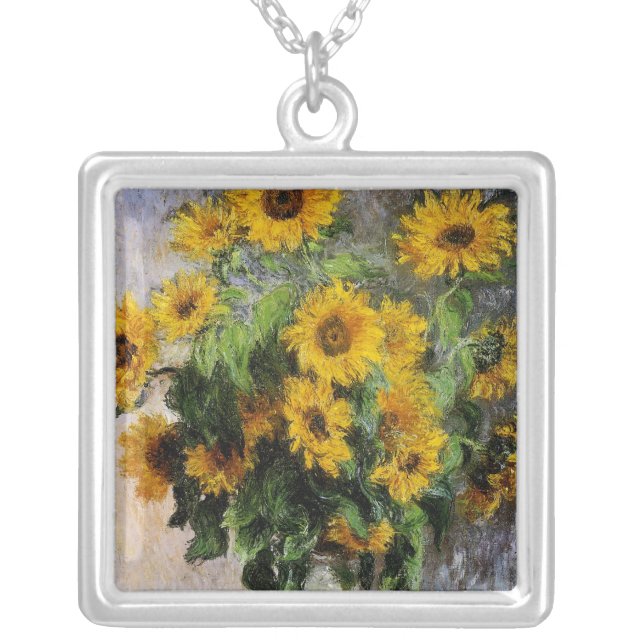 Sunflowers, 1881 by Monet. Silver Plated Necklace (Front)
