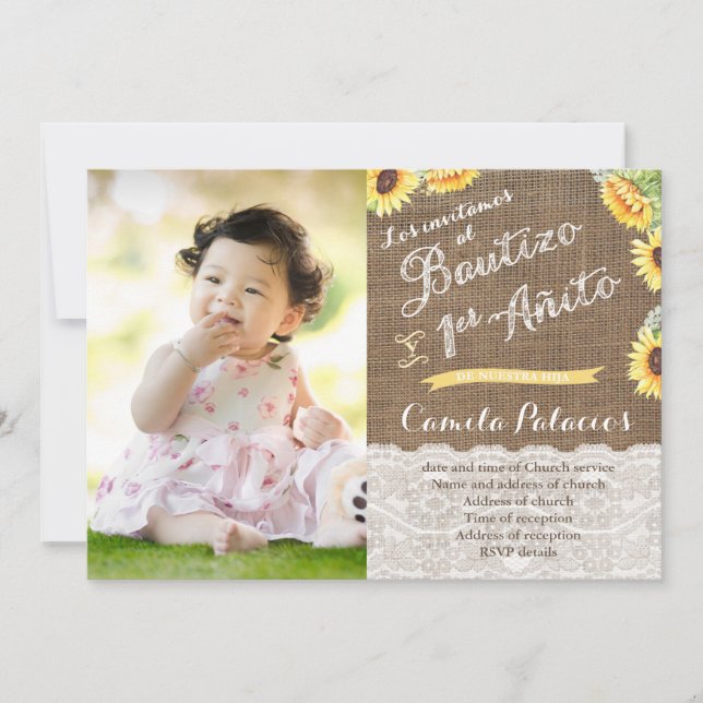 Sunflowers 1st Birthday Baptism | Cumple Bautismo Invitation (Front)