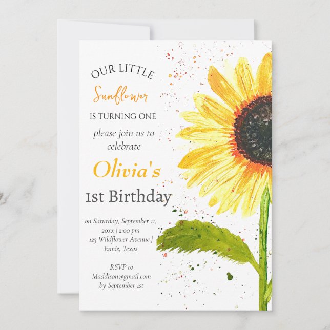 Sunflowers 1st First Birthday Girl Country Floral  Invitation (Front)