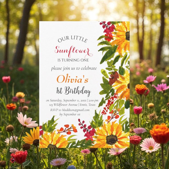 Sunflowers 1st First Birthday Girl Country Floral  Invitation (Creator Uploaded)