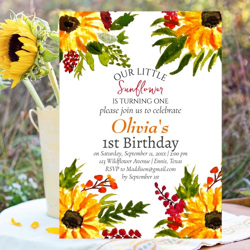 Sunflowers 1st First Birthday Girl Country Floral  Invitation