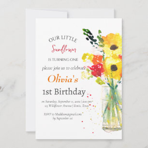 Sunflowers 1st First Birthday Girl Country Floral Invitation