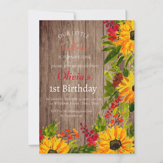 Sunflowers 1st First Birthday Girl Country Floral  Invitation (Front)