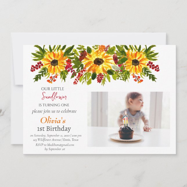 Sunflowers 1st First Birthday Girl Photo Floral  Invitation (Front)