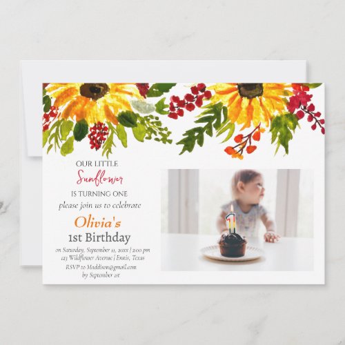 Sunflowers 1st First Birthday Girl Photo Floral  Invitation