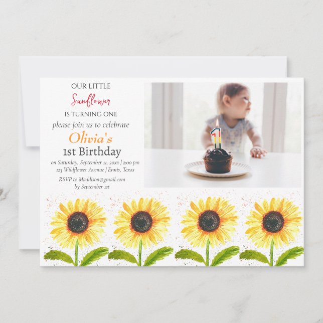 Sunflowers 1st First Birthday Girl Photo Floral  Invitation (Front)