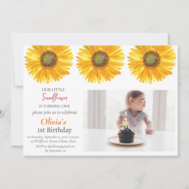Sunflowers 1st First Birthday Girl Photo Floral  Invitation (Front)