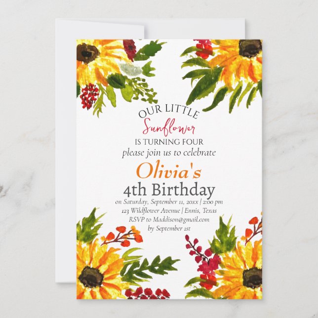 Sunflowers 4th Fourth Birthday Country Floral  Invitation (Front)