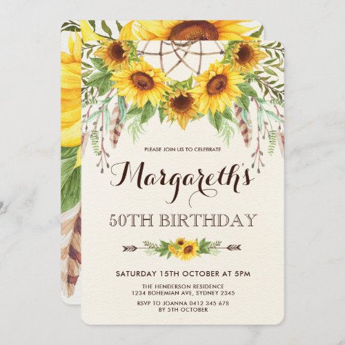Sunflowers 50th Birthday Party Boho Feathers Invitation