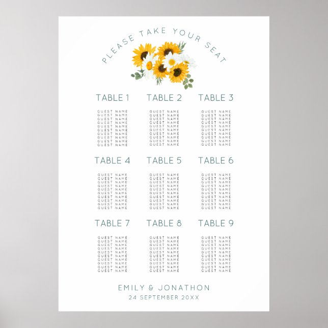 Sunflowers 9 Tables 90 Guest Seating Chart (Front)