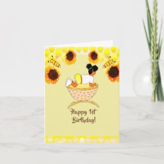 Sunflowers African American Baby 1st Birthday Card