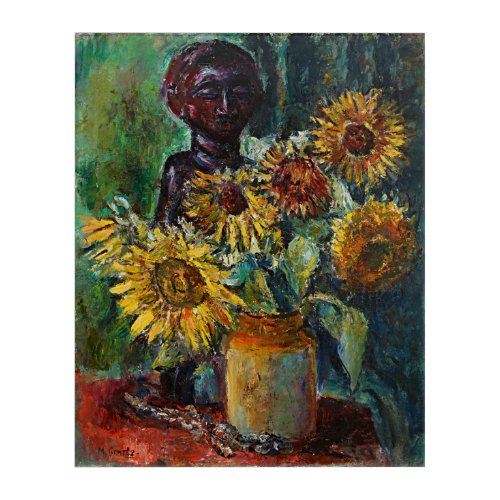 Sunflowers and a Wooden Sculpture by Meri Genetz Acrylic Print