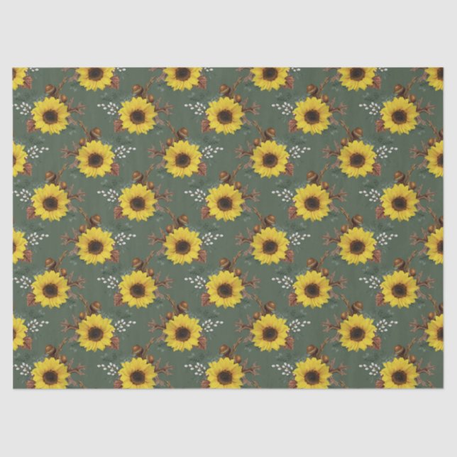 Sunflowers and Acorns on Green Decoupage Tissue Paper (Front)