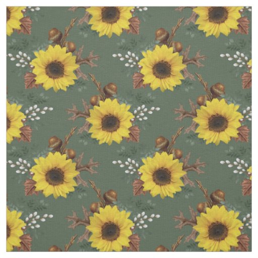 Sunflowers and Acorns on Green Fabric