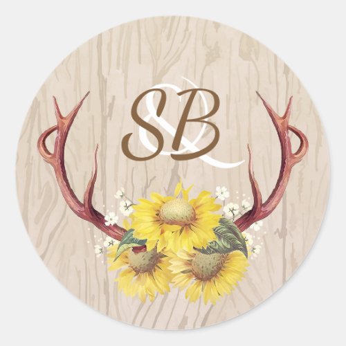 Sunflowers and Antlers Rustic Country Wedding Classic Round Sticker - Sunflowers and deer antlers rustic wood wedding seals