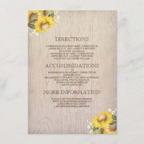Sunflowers and Baby's Breath Rustic Information Enclosure Card - Rustic country sunflowers wedding insert with directions, accommodations and other information