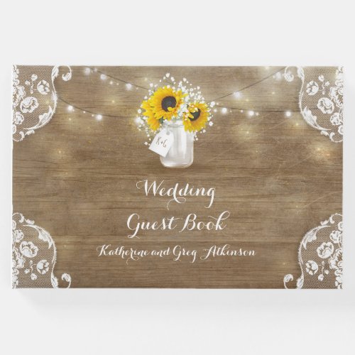 Sunflowers and Babys Breath Rustic Wood Wedding Guest Book