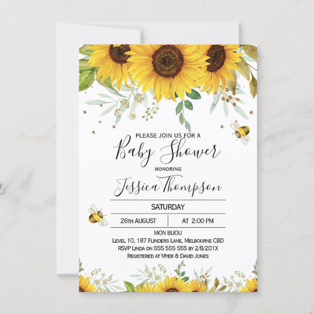 Sunflowers And Bees Baby Shower Invitation (Front)
