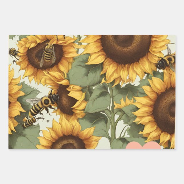 Sunflowers And Bees: Nature's Dance Wrapping Paper Sheets (Front)